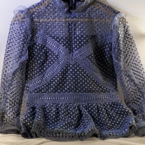 Style Blue Lace Peplum Blouse – Long Sleeve High Neck Top